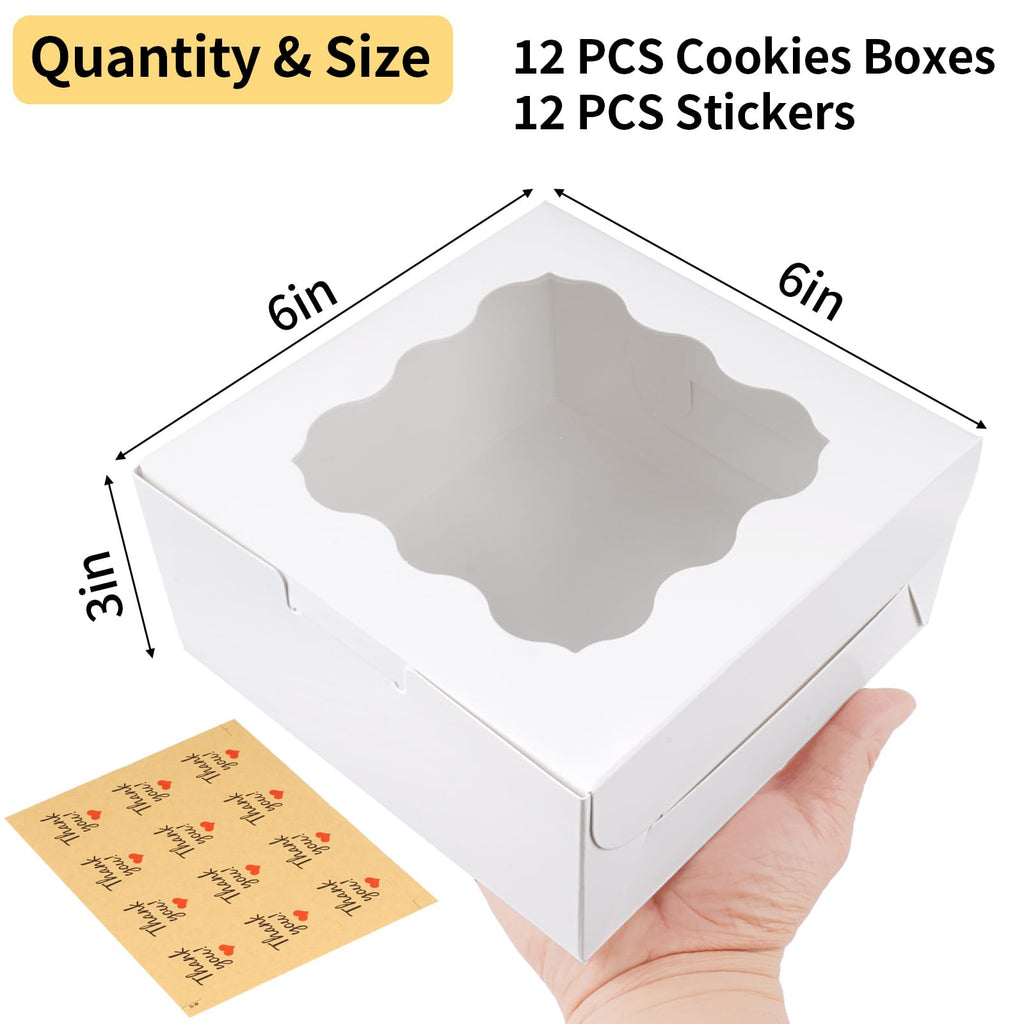 12 Pieces Cookie Boxes with Window, 6×6×3 Inches (White, with Stickers)