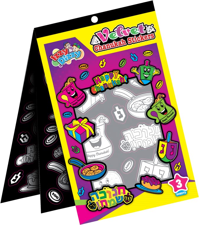 Izzy 'n' Dizzy Velvet Hanukkah Stickers, Black and White, 12 Sheets (Pack of 4), Chanukah Designs, Color and Peel, Fun Learning Activity