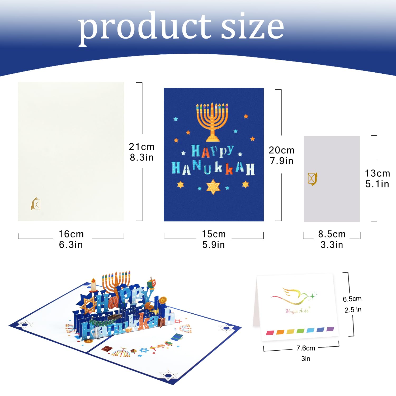 Magic Ants 3D Pop-Up Hanukkah Card – Happy Hanukkah Greeting Card with Menorah, Dreidels, Color Candle and Star of David – Unique Festival of Lights Card for Jewish Holidays with Envelope