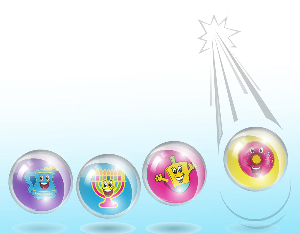 Izzy 'n' Dizzy Hanukkah Bouncing Balls for Kids - 1" Super Bouncy Balls - 4 Pack Chanukah Menorah, Dreidel and Donut Design Bouncing Ball - Hanukkah Gifts for Kids