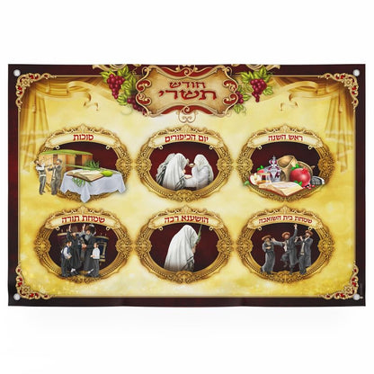 Tishrei Jewish Holidays Poster - Sukkah Decorations for Sukkot - Vibrant Holiday Mural with Key Events: Sukkot, Rosh Hashanah, Yom Kippur, and More - Vinyl, Laminated & Paper Options Available