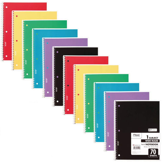 Mead Spiral Notebook, 12 Pack, 1 Subject, Wide Ruled Paper, 7-1/2" x 10-1/2", 70 Sheets per Notebook, Colors Will Vary (930202-ECM25)