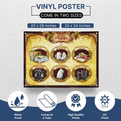Tishrei Jewish Holidays Poster - Sukkah Decorations for Sukkot - Vibrant Holiday Mural with Key Events: Sukkot, Rosh Hashanah, Yom Kippur, and More - Vinyl, Laminated & Paper Options Available