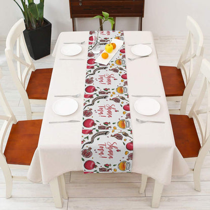 Moslion Pomegranate Table Runner Rosh Hashanah Shana Tova Word Honey Shofar Horn Leaf Hand Drawn Decoration Table Runner for Kitchen Dining Wedding Banquet Party Cotton Linen 14x72 Inch