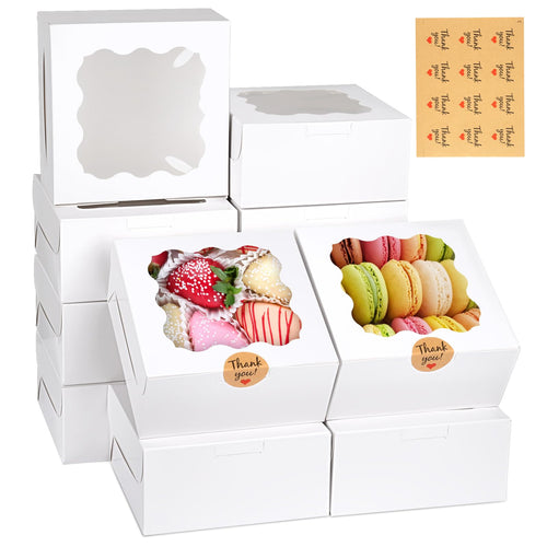 12 Pieces Cookie Boxes with Window, 6×6×3 Inches (White, with Stickers)