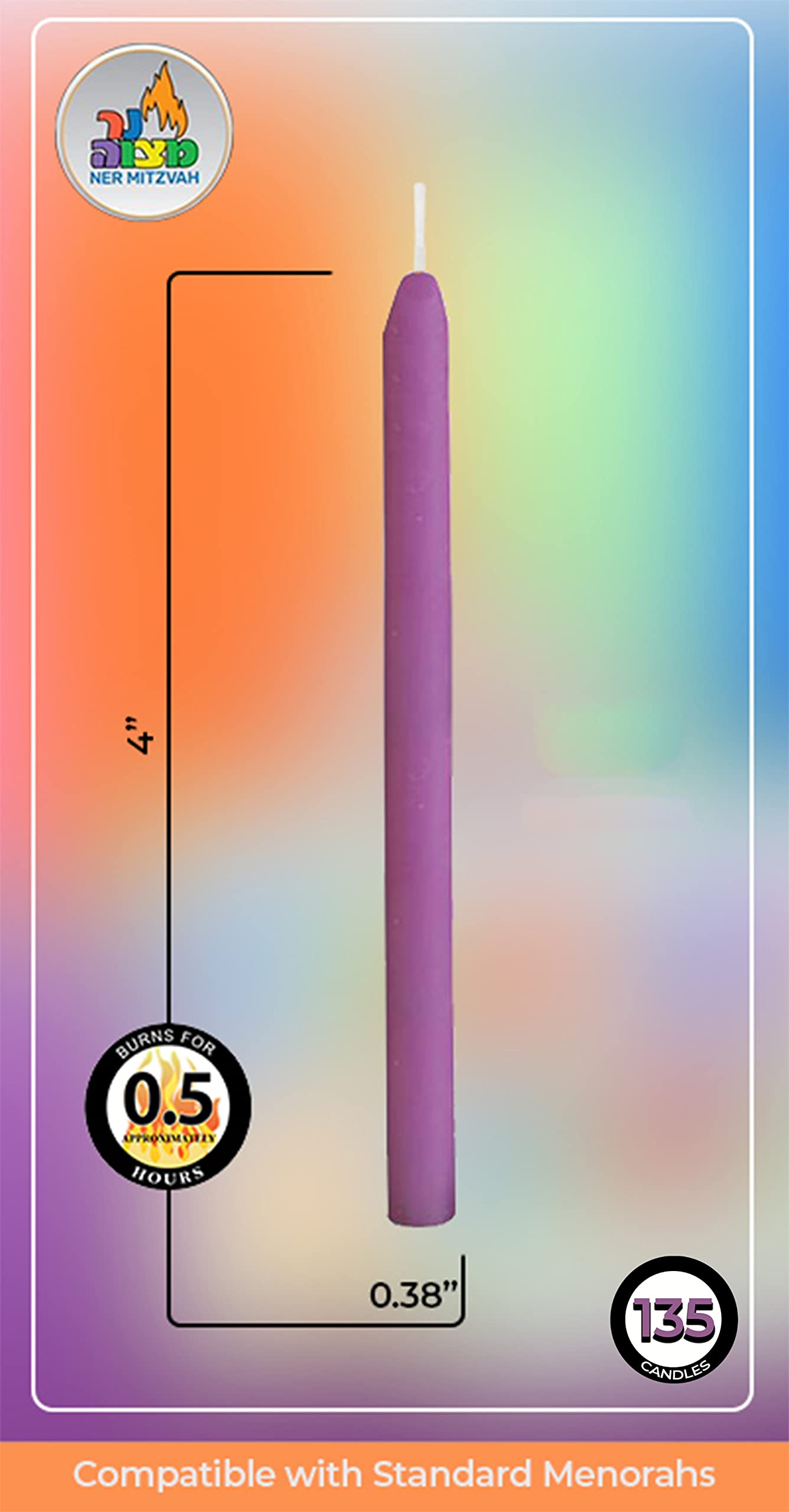 Ner Mitzvah Colorful Chanukah Candles, Standard Size Candle Fits Most Menorahs, Premium Quality and Assorted Colors (Pack of 135)