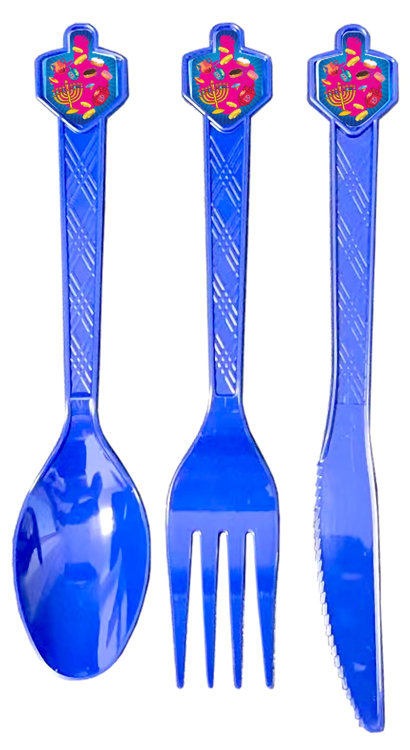 Izzy 'n' Dizzy Hanukkah Cutlery, Dreidel Cutlery Set, Hanukkah Paper Goods, Multicolored Chanukah Themed Party Supplies - 10 Spoons, 10 forks, 10 Knives (Pack of 30)