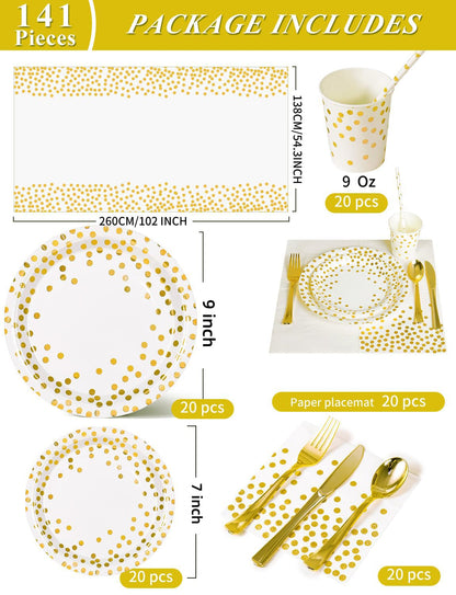 Nkaiso 141 Pieces White Gold Party Supplies, Party Dinnerware Sets Include Paper Plates Napkins Cups Silverware, for Wedding Bridal Shower Engagement Birthday Parties Decoration -20 Serves