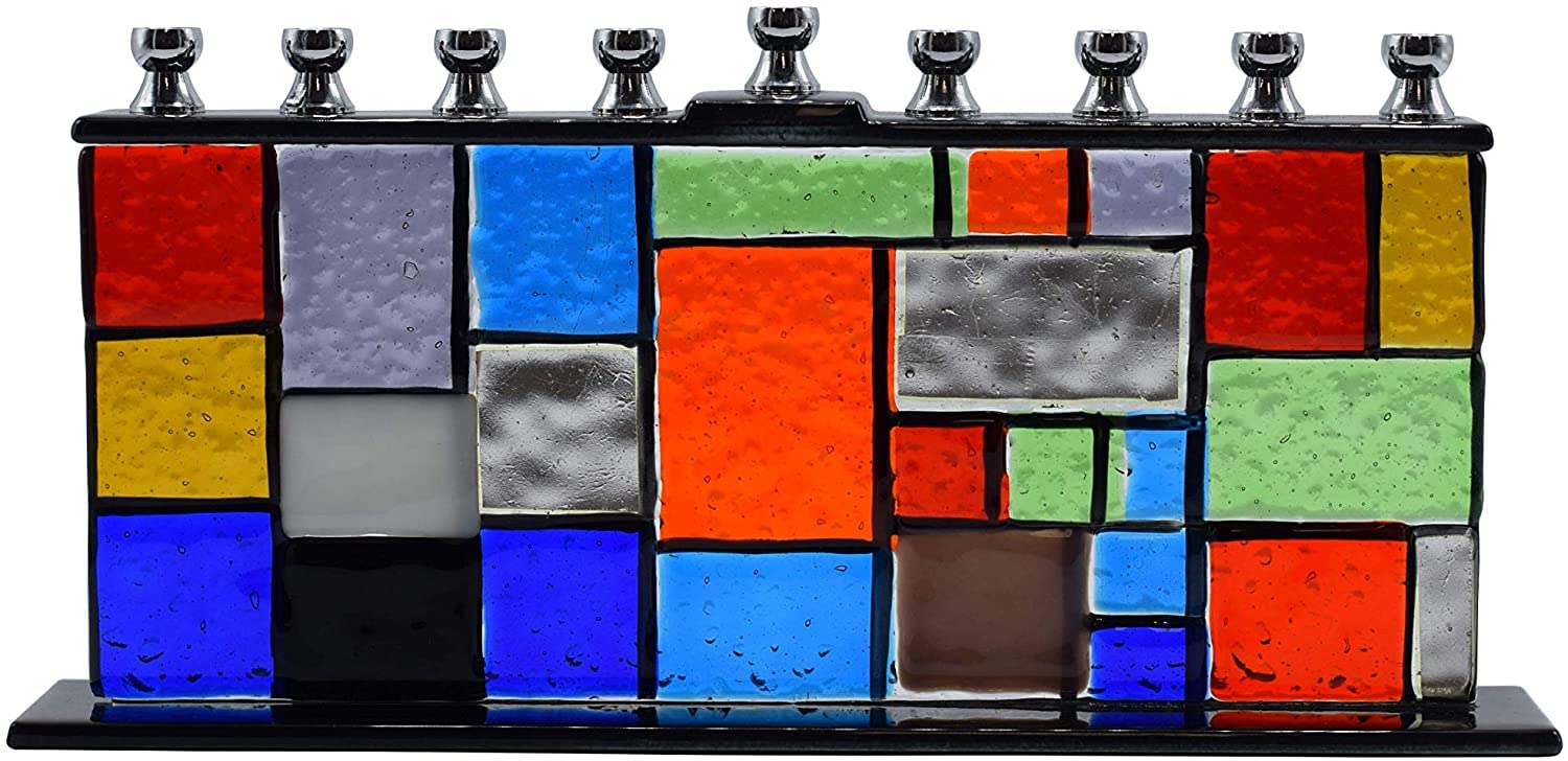 Ner Mitzvah Glass Hanukkah Menorah - Blue & White Stones - Handcrafted Painted Glass - Fits Standard Chanukah Candles