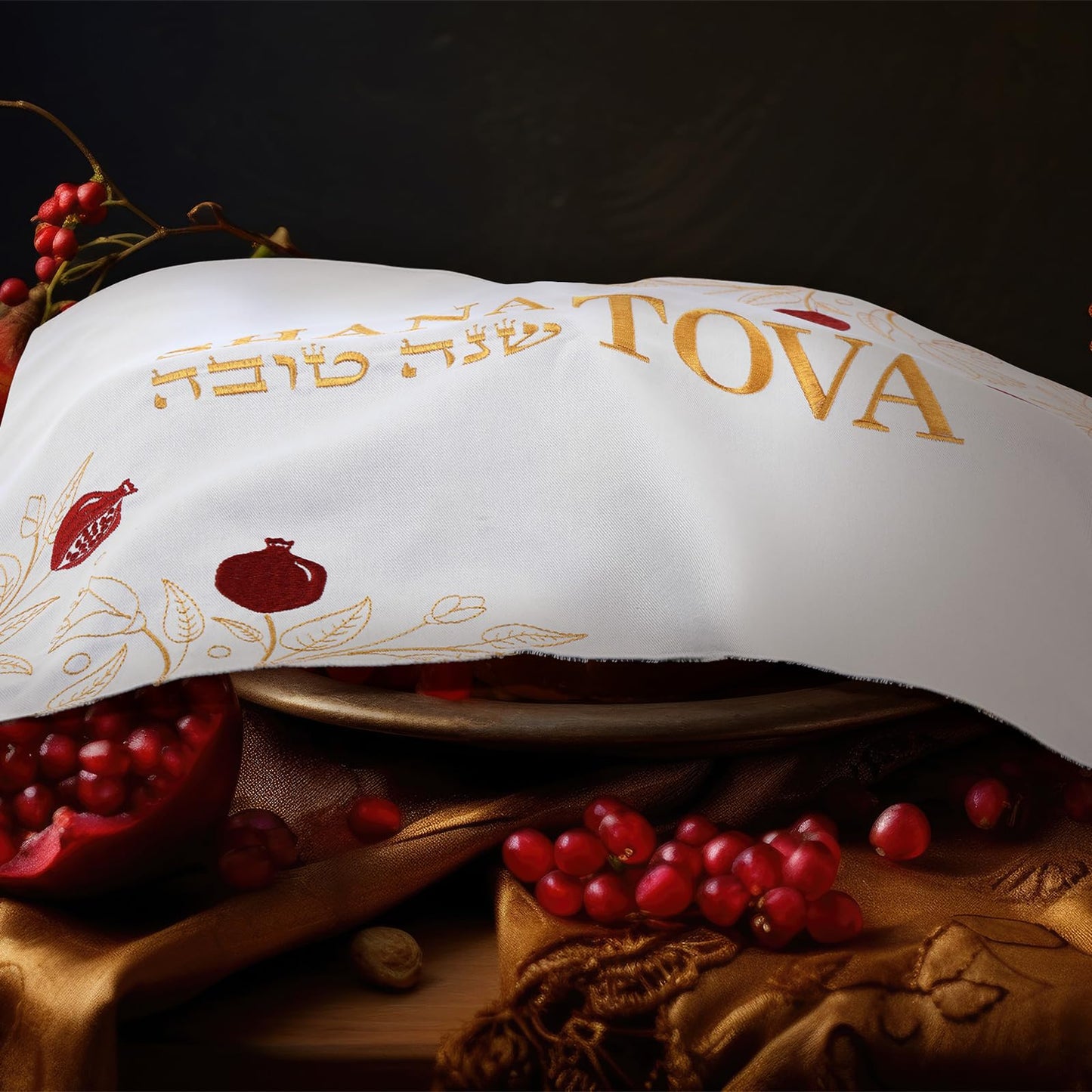 Breling Rosh Hashanah Challah Bread Cover for Shabbat and Yom Tov Shana Tova Embroidery Challah Cover Jewish New Year Hostess Gift 20" x 15" Pomegranate and Vine Judaica Table Decor Party Favors