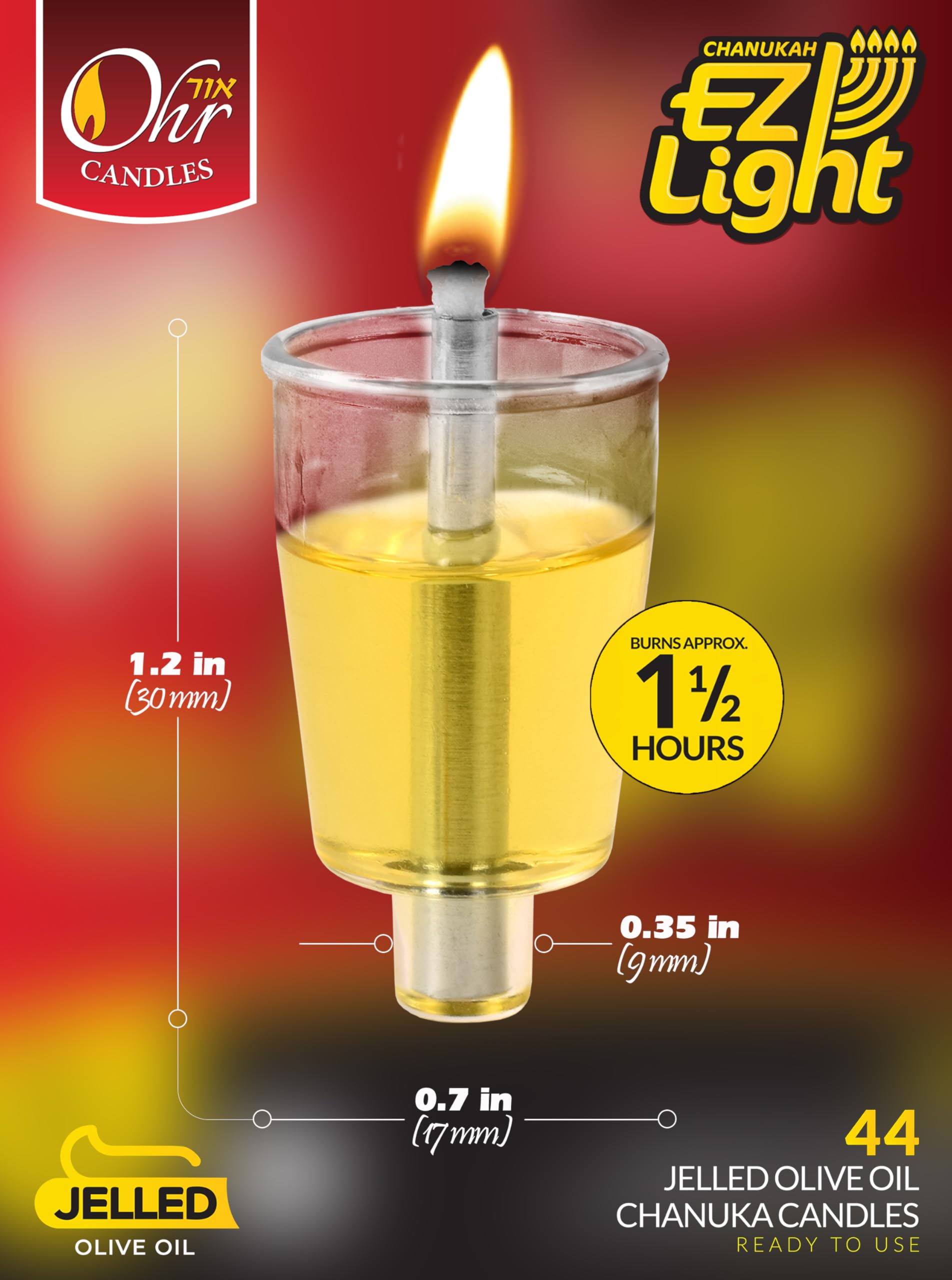 OHR CANDLES E-Z Light 44 Jelled Olive Oil Chanukah Candles Jelled Prefilled Olive Oil -1.5 Hour Burntime