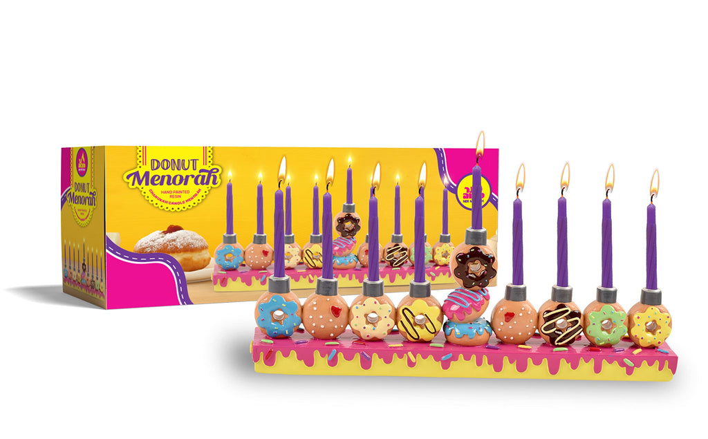 Ner Mitzvah Hand Painted Resin Chanukah Menorah - Theme Menorahs for Chanukah - Donuts for Hanukkah Menorah for Kids