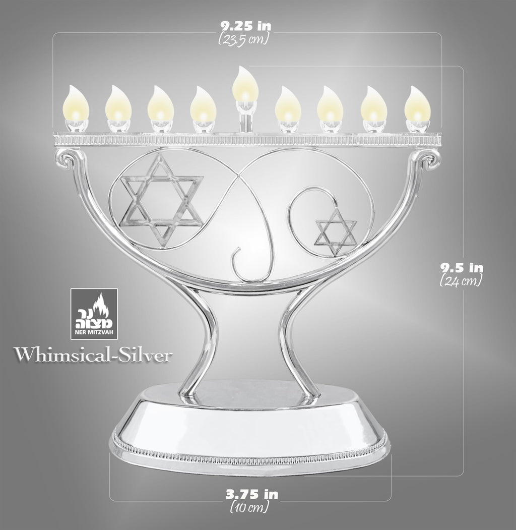 Ner Mitzvah LED Electric Hanukkah Menorah, LED Traditional Whimsical Channukah Menorah Electric, Battery or USB Powered and Cord Included, Silver