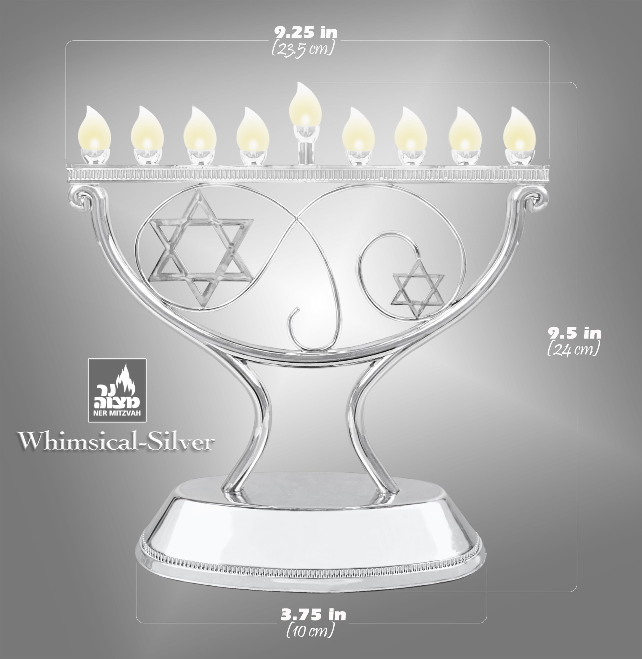Ner Mitzvah LED Electric Hanukkah Menorah, LED Traditional Whimsical Channukah Menorah Electric, Battery or USB Powered and Cord Included, Silver