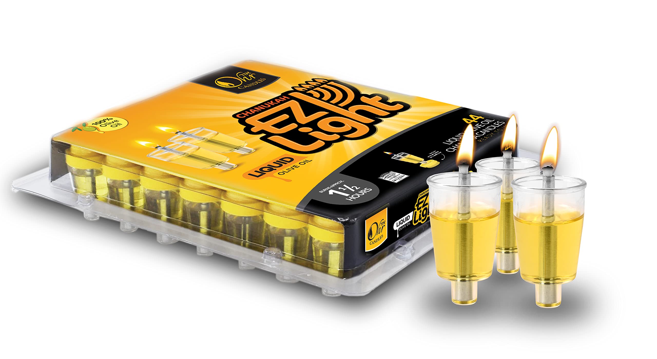 Pre-Filled Menorah Oil Cup Candles - Hanukkah EZ Lights - 100% Olive Oil with Cotton Wick in Cup - 44 Pack, Burns Approx. 1 1/2 Hrs