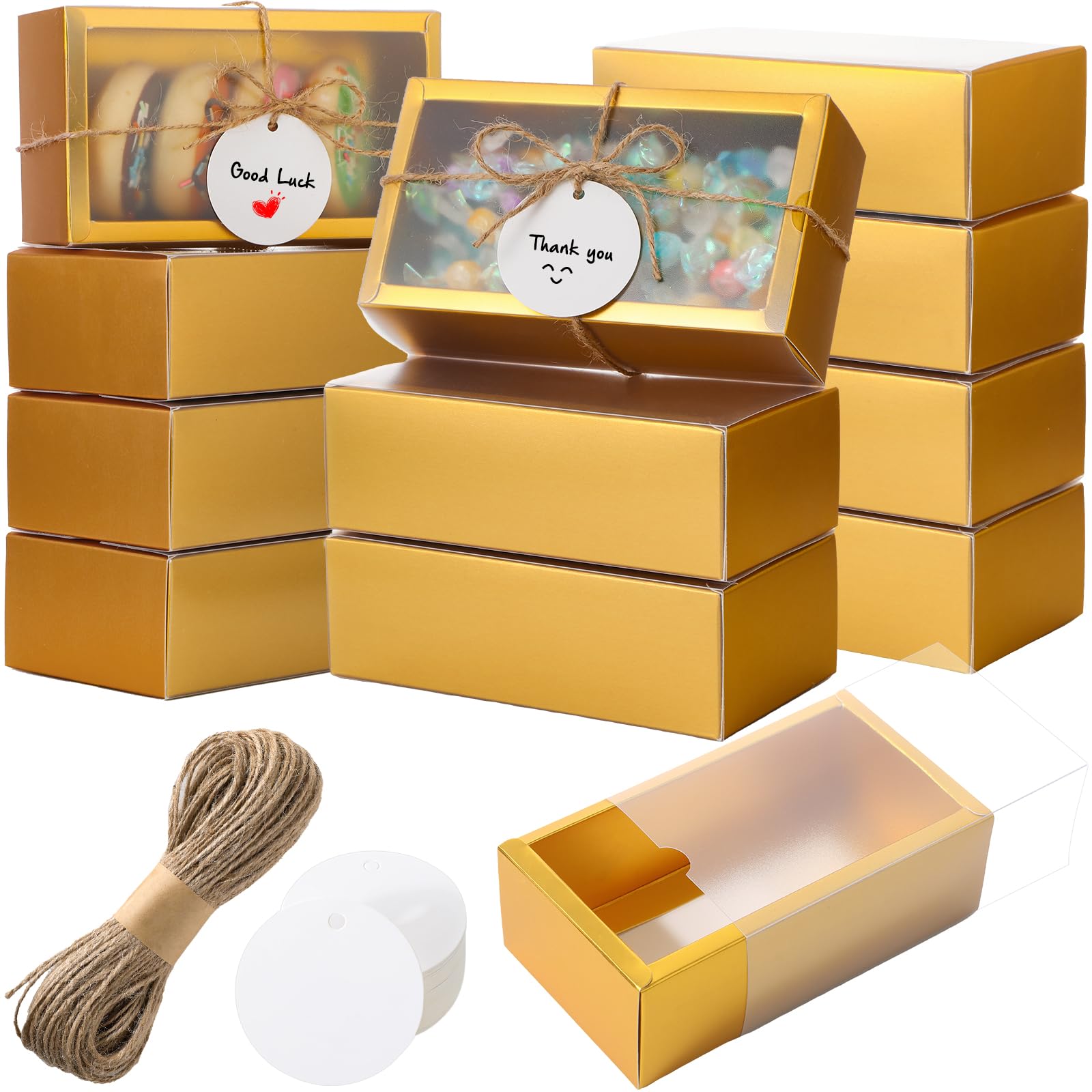 50 Sets Kraft Homemade Gift Box Bundle with Blank Tags and Jute String (6.3 x 3.5 x 2 Inch, Gold)