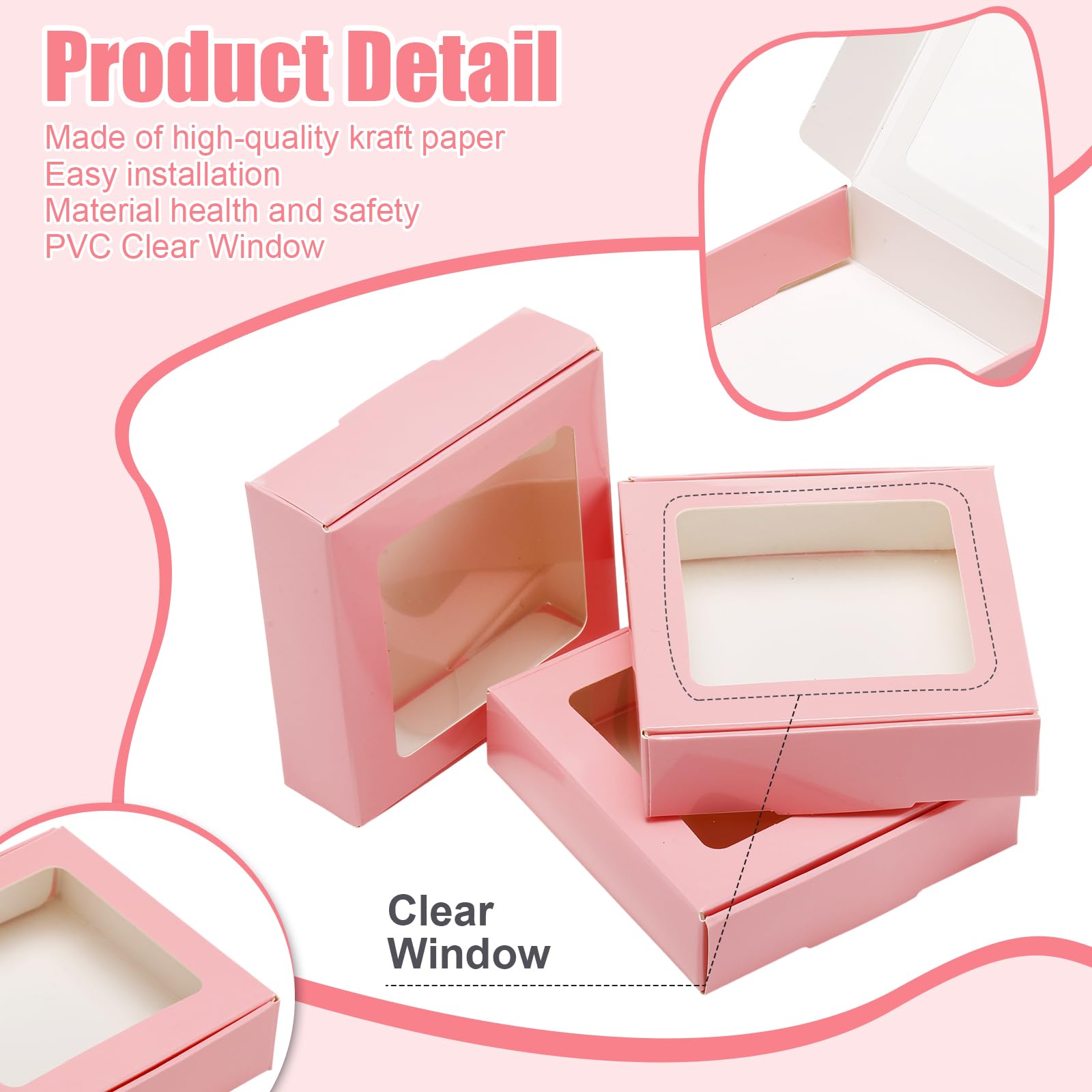 30 Kraft Paper Boxes with Window 4.13 x 4.13 x 1.18 Inch (Pink)