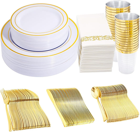 350 Pieces White and Gold Plastic Plates - 50 Guest Dinnerware Set Include 100 Plates, 50 Gold Plastic Silverware, 50 Paper Napkins and 50 Cups for Thanksgiving Party,Wedding