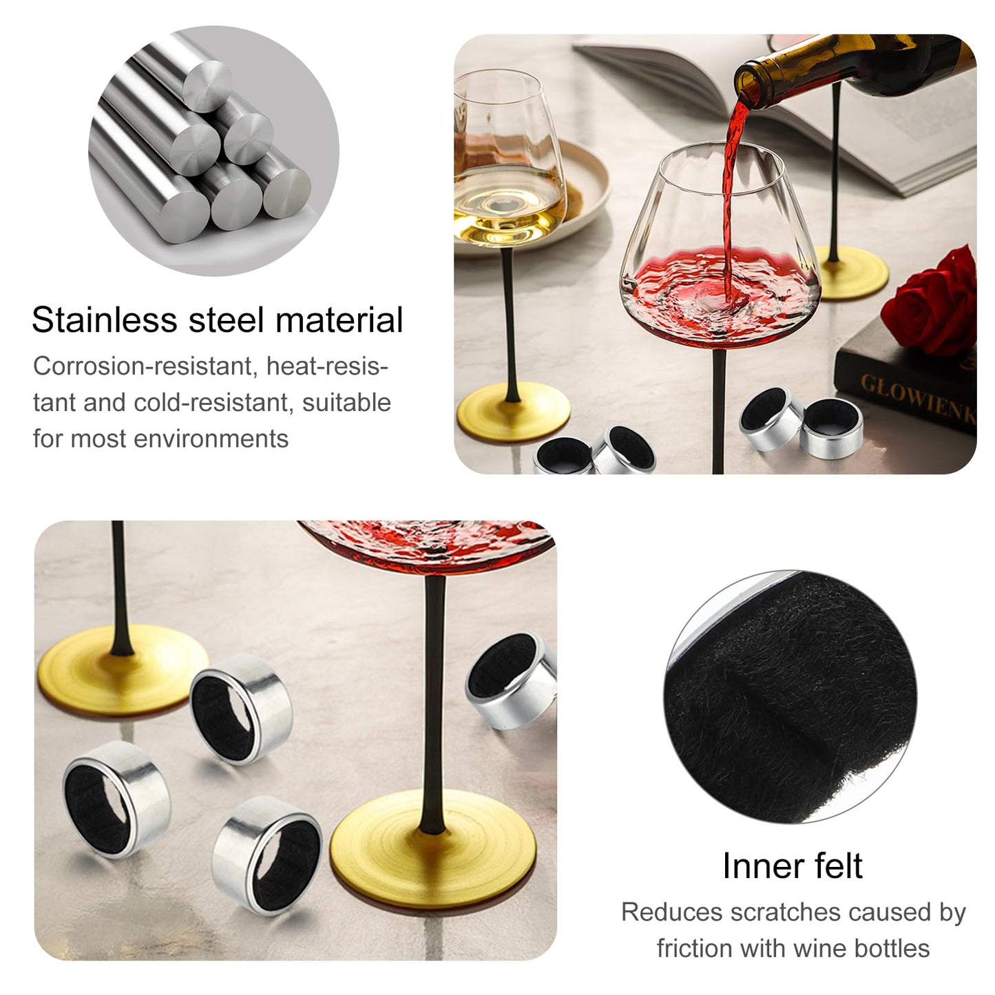 4PCS Wine Drip Ring, Wine Drip Collars Stainless Steel Wine Collar Drip Ring Simple Wine Bottle Drip Collar with Velvet Felts Clever Dripper Guard Holder Tools Bar Kitchen Gadgets Wine Accessories