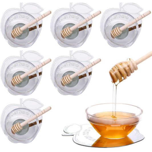 Newtay 6 Sets Rosh Hashanah Apple Shaped Honey Dish with Dipping Spoon Jewish New Year Decoration Honey Dish with Stick, Acrylic Apple Honey Dish for Jewish New Year Holiday Gift Party Favor(Silver)
