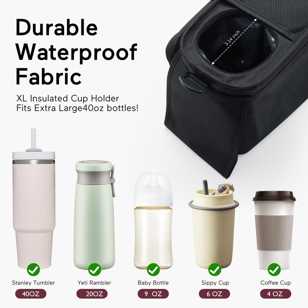 Momcozy Universal Stroller Organizer with Insulated Cup Holder Detachable Phone Bag & Shoulder Strap,