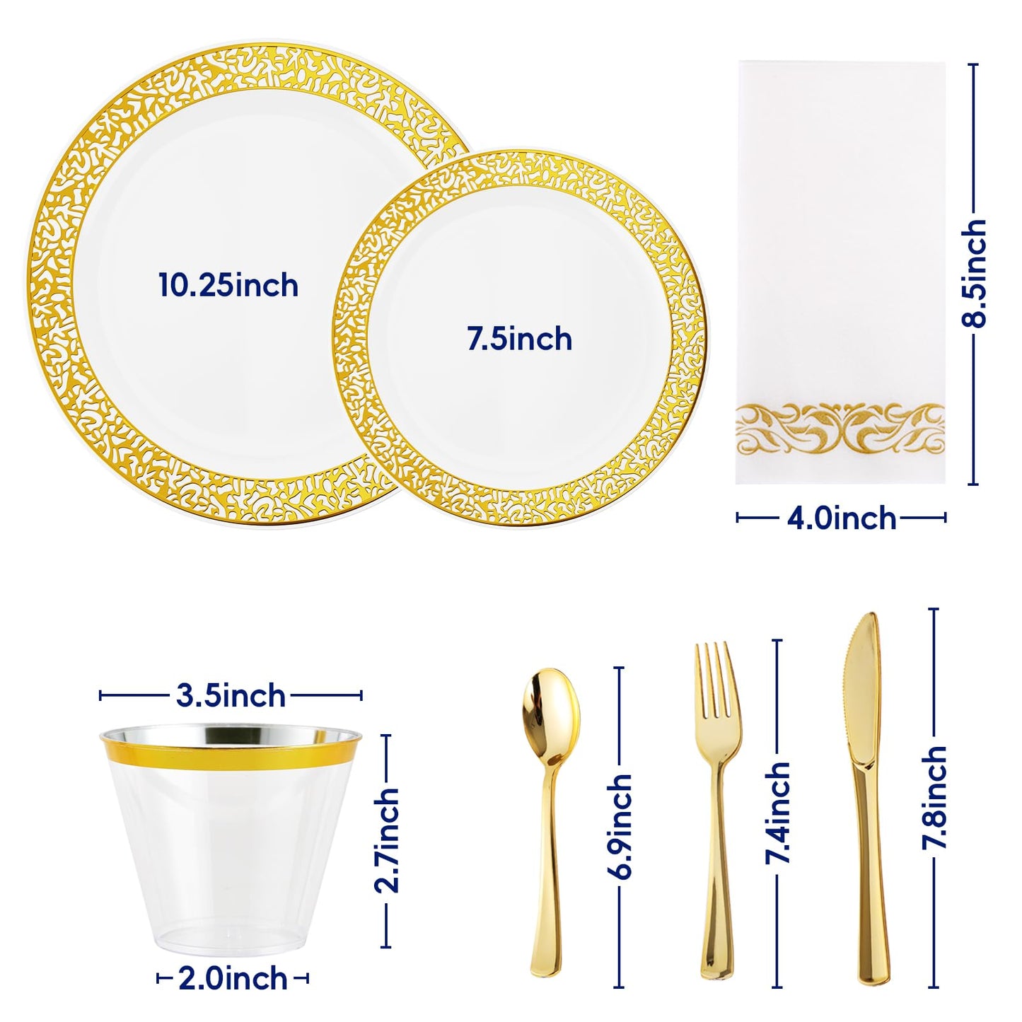210 Count Gold Plastic Dinnerware, Gold Disposable Plates, Includes: 30 Dinner & 30 Dessert Plates & 30 Cups & 30 Paper Napkins & 30 Plastic Silverware Set