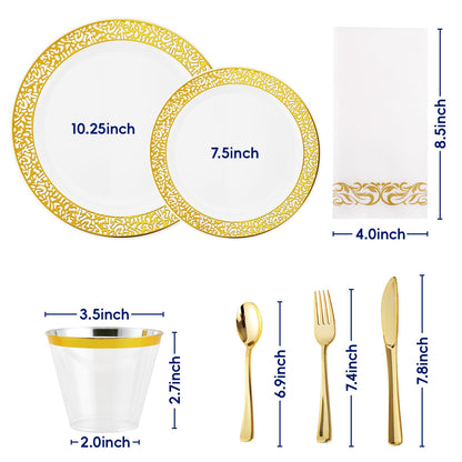 210 Count Gold Plastic Dinnerware, Gold Disposable Plates, Includes: 30 Dinner & 30 Dessert Plates & 30 Cups & 30 Paper Napkins & 30 Plastic Silverware Set