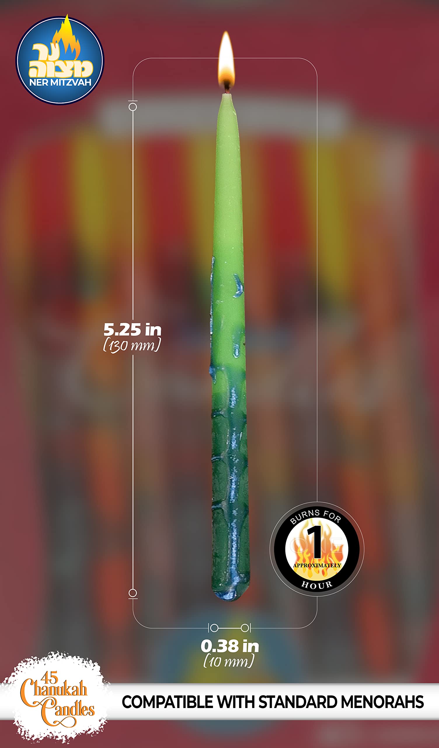 Beeswax Chanukah Candles Standard Size Fits Most Menorahs - Decorated Multi Colored Beeswax Hanukkah Candles - Premium Quality Pure Bees Wax - 45 Count for All 8 Nights of Hanukkah - by Ner Mitzvah