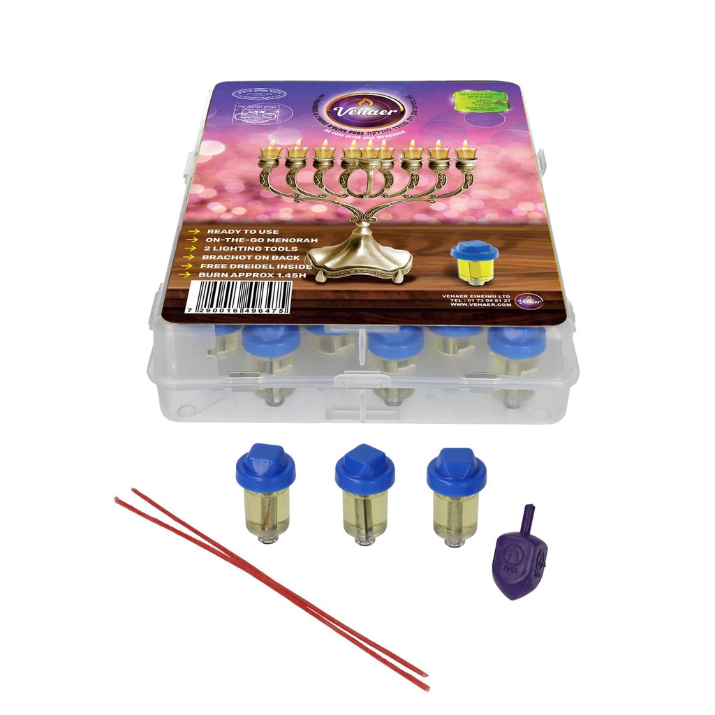Vehaer 44 Prefilled Cups, 1.45 Burn, Hanukkah, Chanukah Oil, Olive Oil Ready to Use, Fits Most Menorah, FIts Candle Menorahs (Liquid Oil Small)