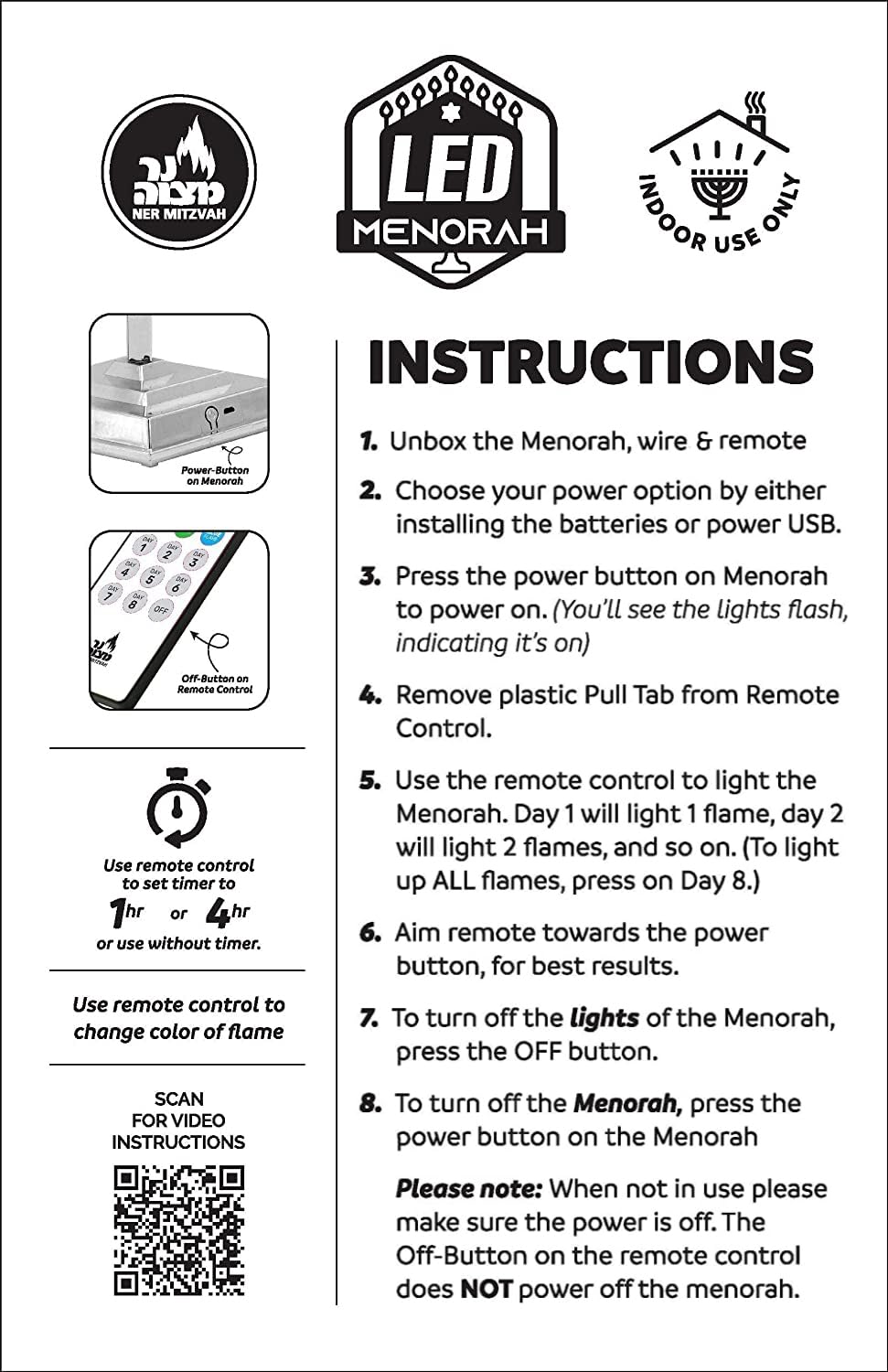 Ner Mitzvah LED Electric Hanukkah Menorah - Color Changing LED Traditional Classic Chanukah Menorah with Remote - Battery or USB Powered - USB Cord Included - Gold