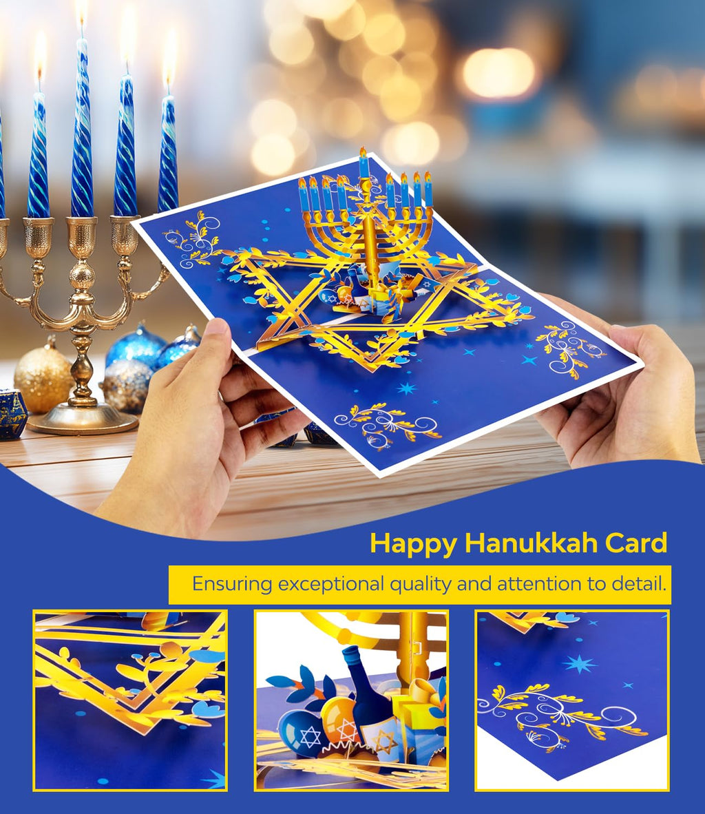 3D Pop Up Hanukkah Greeting Card – Festival of Lights with Candles, Dreidels and Traditional Hanukkah Symbols – Jewish Holiday Card for Family, Friends & Loved Ones, Includes Envelope and Blank Note