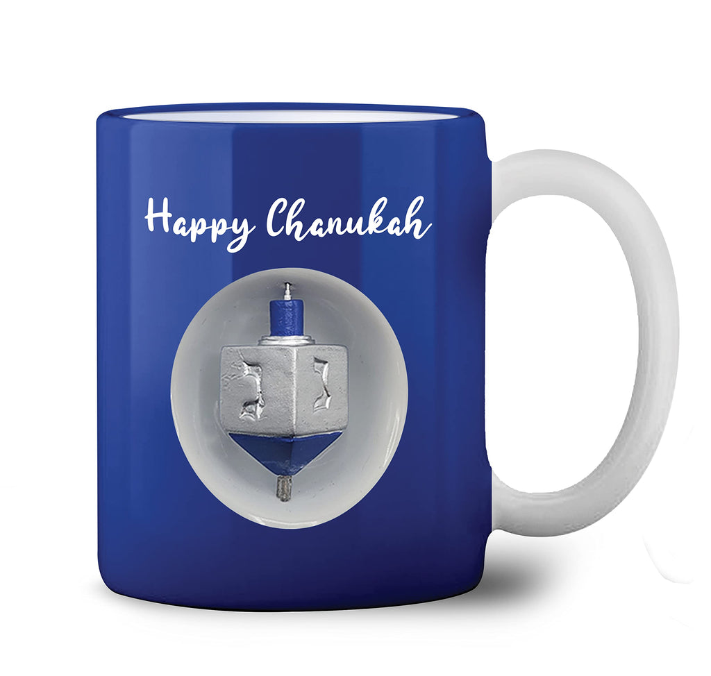 Ner Mitzvah Spinning Hanukkah Dreidel Mug - Happy Hanukkah Decorations - Blue & White Hanukkah Party Favors Idea