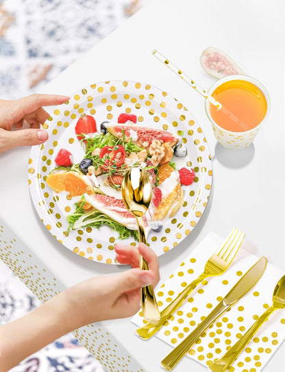 Nkaiso 141 Pieces White Gold Party Supplies, Party Dinnerware Sets Include Paper Plates Napkins Cups Silverware, for Wedding Bridal Shower Engagement Birthday Parties Decoration -20 Serves