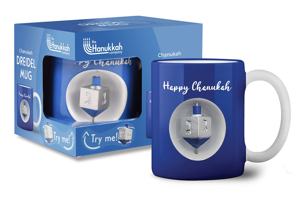 Ner Mitzvah Spinning Hanukkah Dreidel Mug - Happy Hanukkah Decorations - Blue & White Hanukkah Party Favors Idea