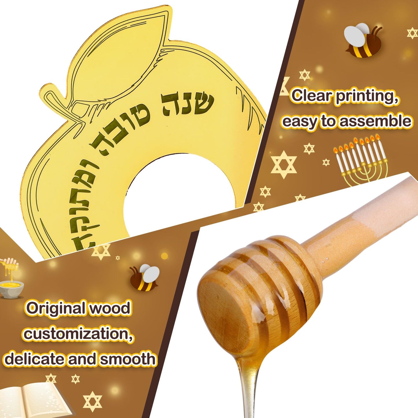 Newtay 6 Sets Rosh Hashanah Apple Shaped Honey Dish with Dipping Spoon Jewish New Year Decoration Honey Dish with Stick, Acrylic Apple Honey Dish for Jewish New Year Holiday Gift Party Favor(Gold)
