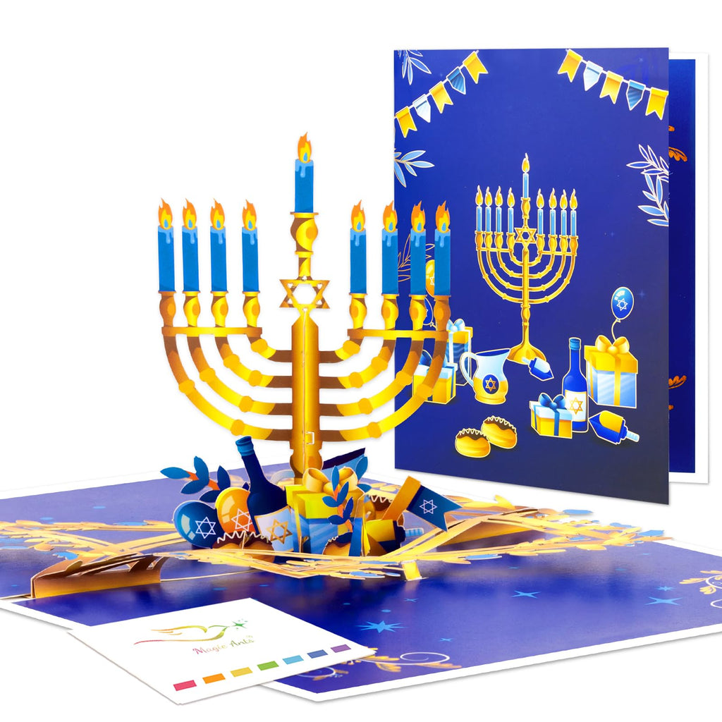 3D Pop Up Hanukkah Greeting Card – Festival of Lights with Candles, Dreidels and Traditional Hanukkah Symbols – Jewish Holiday Card for Family, Friends & Loved Ones, Includes Envelope and Blank Note