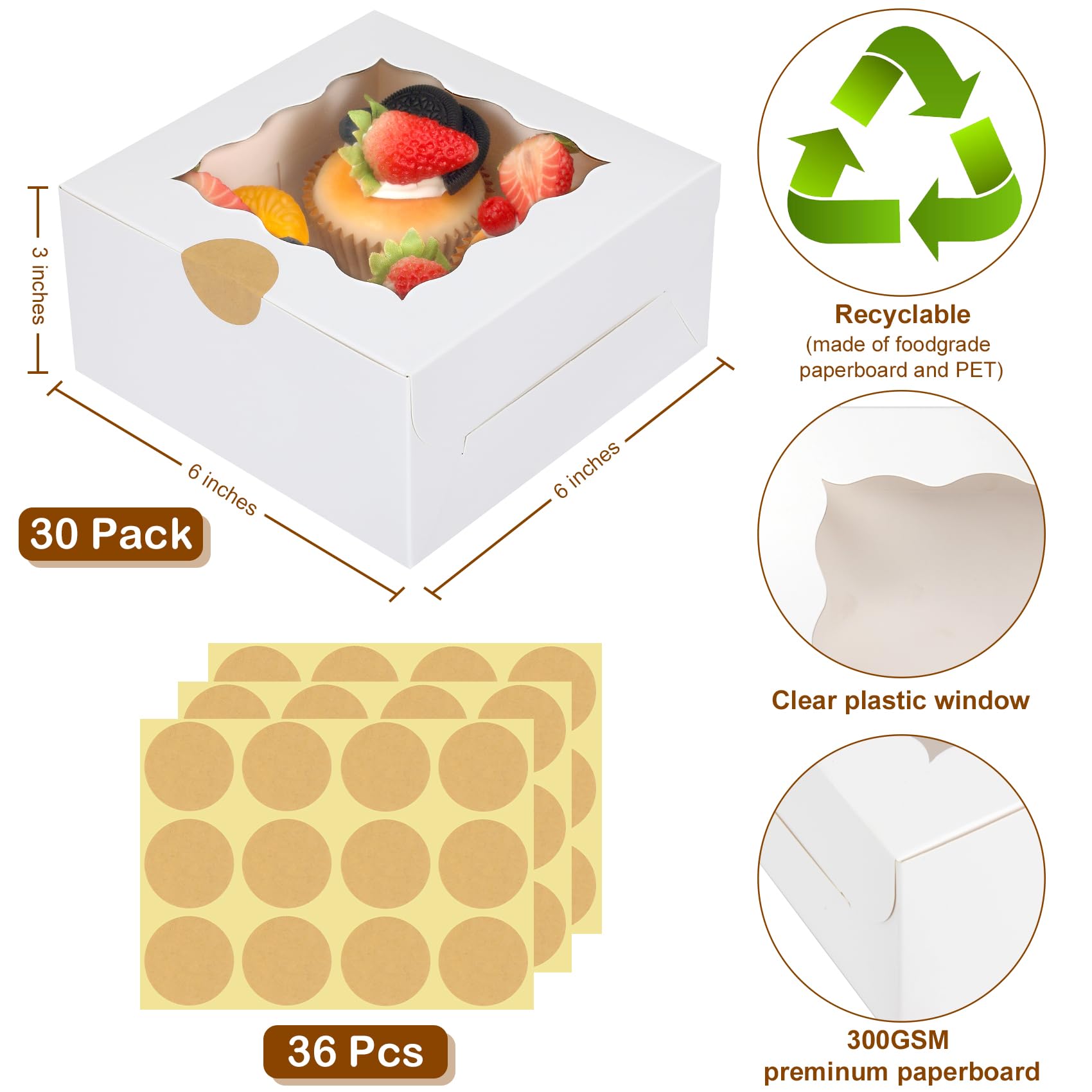 Colovis 30 Pcs White Bakery Boxes with Window, 6 X 6 X 3 Inches,