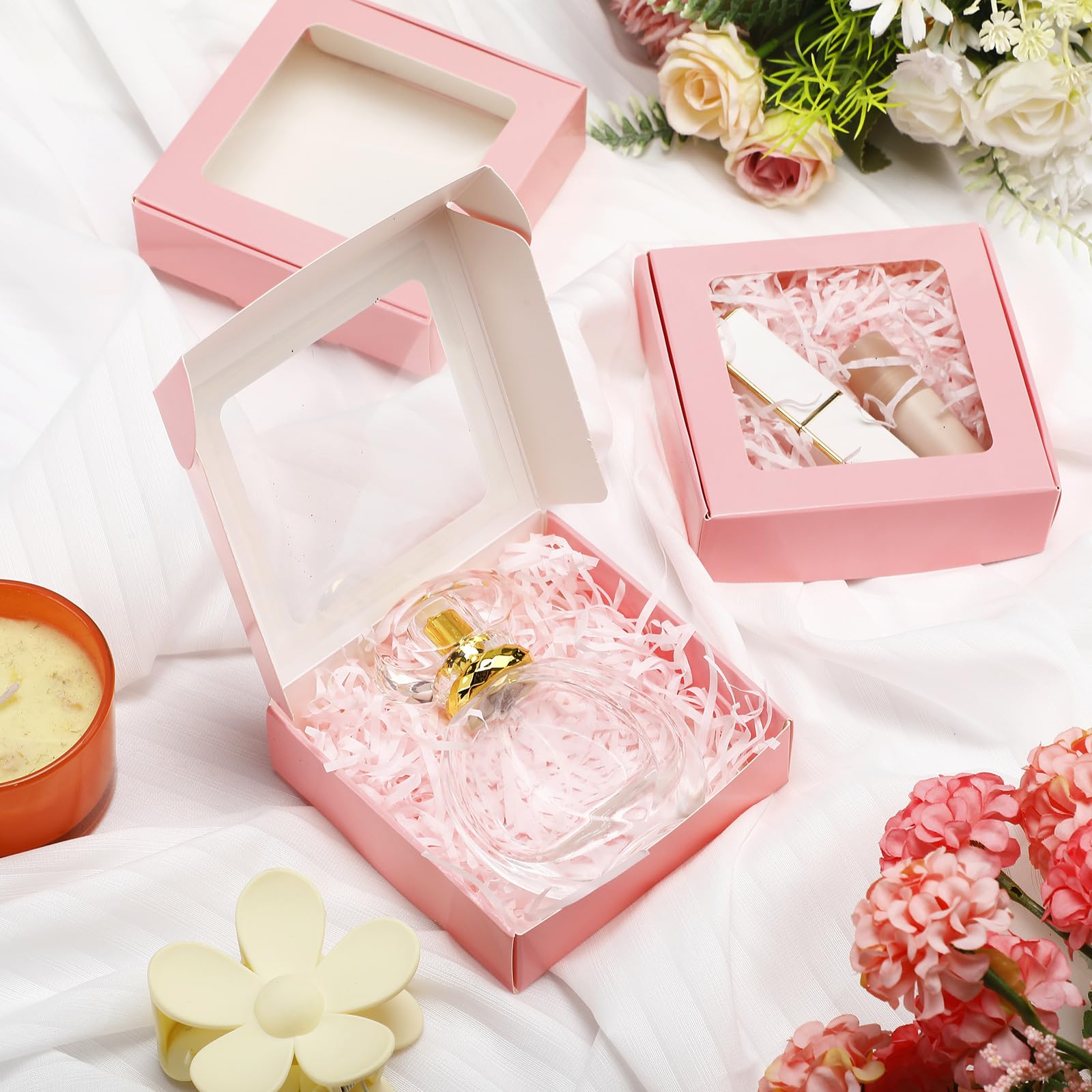 30 Kraft Paper Boxes with Window 4.13 x 4.13 x 1.18 Inch (Pink)