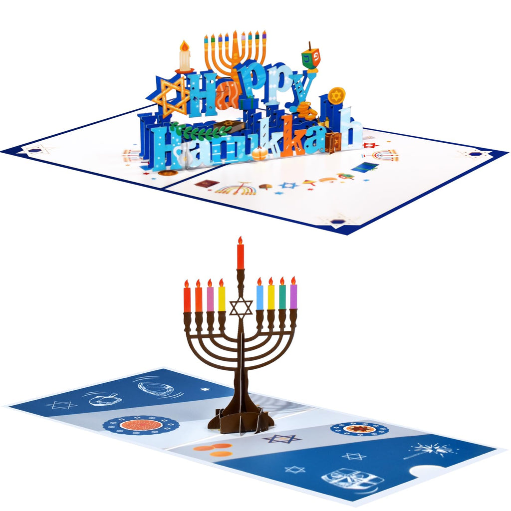 Magic Ants Happy Hanukkah 3D Pop Up Cards Pack – Menorah & “Happy Hanukkah” Designs, Festival of Lights Chanukah Greeting Cards with Candles, Dreidel, Star of David, Includes Envelope and Blank Notes