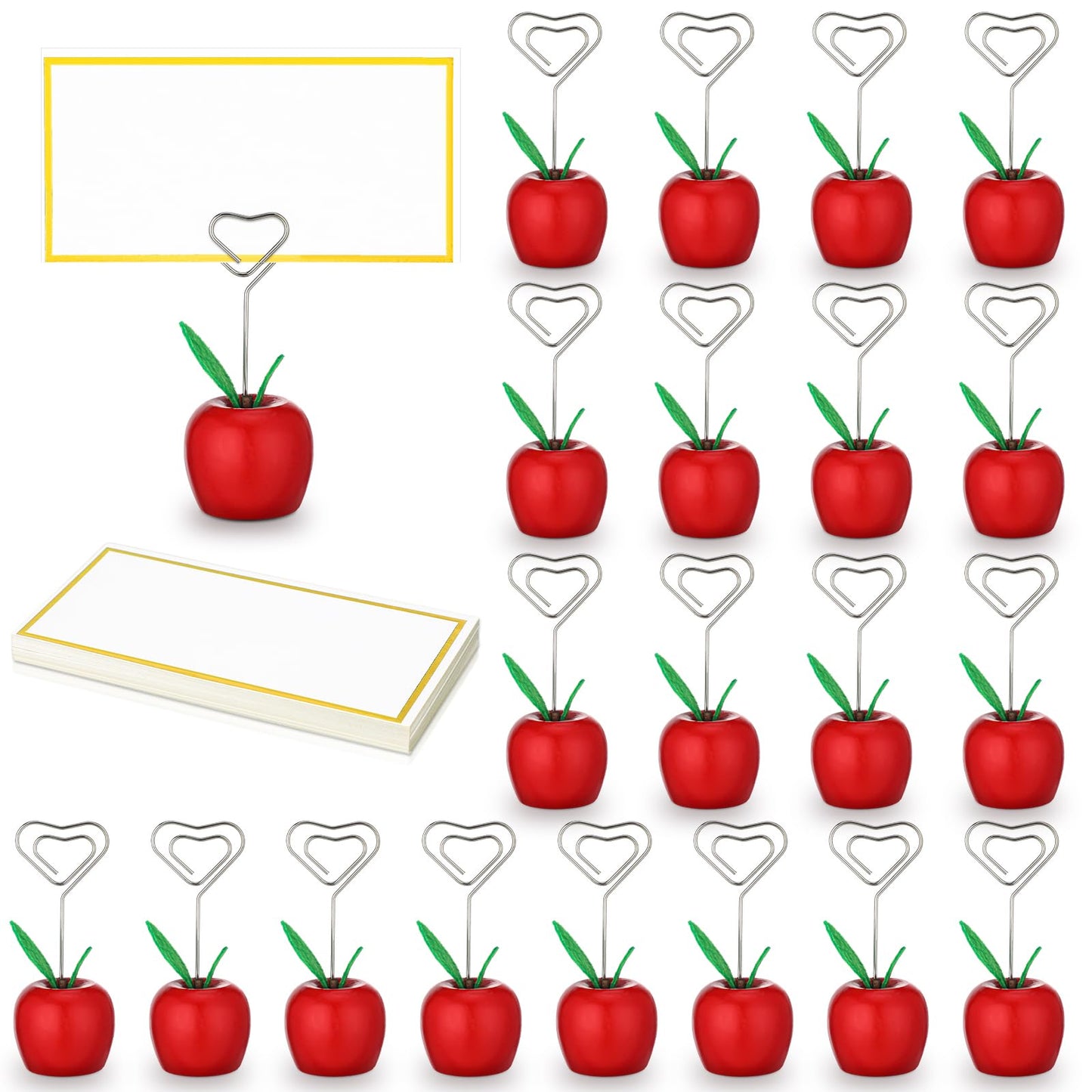 Beeveer 20 Set Rosh Hashanah Place Card Holder with 25 Pcs Name Cards Mini Red Apple Table Number Stand with Heart Shape Holder Clip for Rosh Hashanah Party Decorations Back to School Table Decor