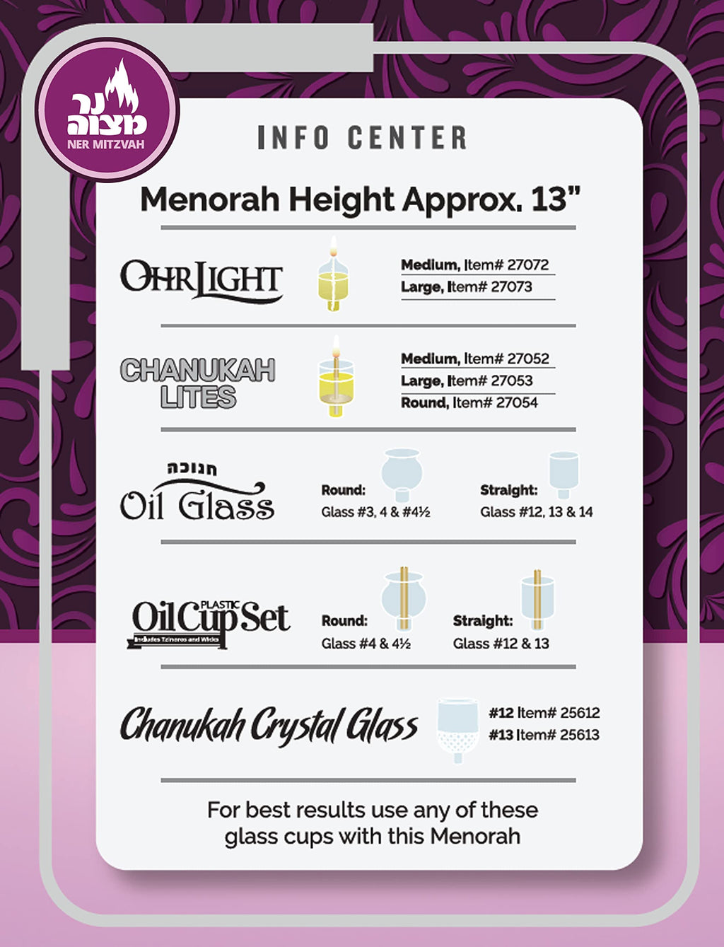 Ner Mitzvah Silver Plated Oil Menorah - Fits Standard Chanukah Oil Cups and Large Candles - Embossed Design, Square Base - 11” High