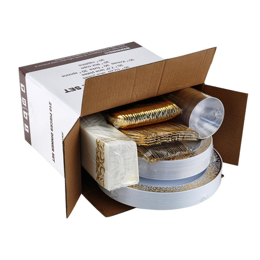 210 Count Gold Plastic Dinnerware, Gold Disposable Plates, Includes: 30 Dinner & 30 Dessert Plates & 30 Cups & 30 Paper Napkins & 30 Plastic Silverware Set