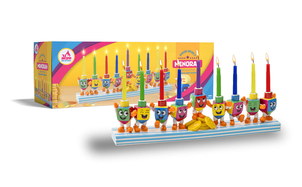Ner Mitzvah Hand Painted Resin Hanukkah Menorah - Theme Menorahs for Chanukah - Dancing Dreidels Chanukah Menorah for Kids