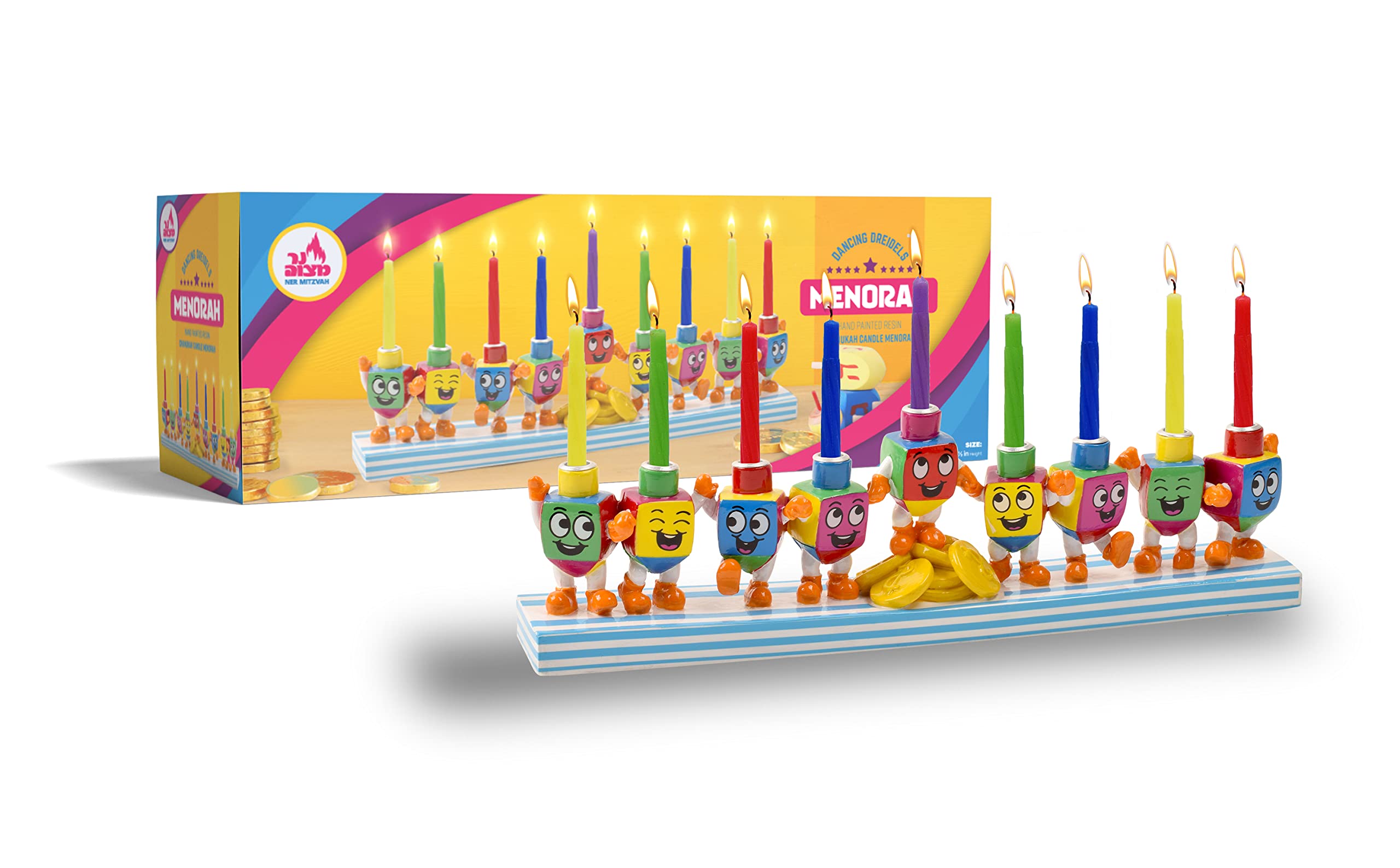 Ner Mitzvah Hand Painted Resin Hanukkah Menorah - Theme Menorahs for Chanukah - Dancing Dreidels Chanukah Menorah for Kids