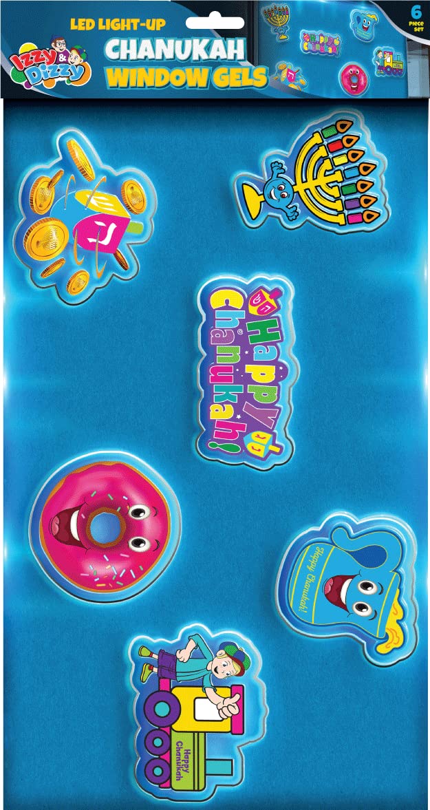 Izzy 'n' Dizzy Hanukkah LED Window Gel 6 Piece - Hanukkah Décor - Holiday Party Decoration - Happy Chanukah Window Gel