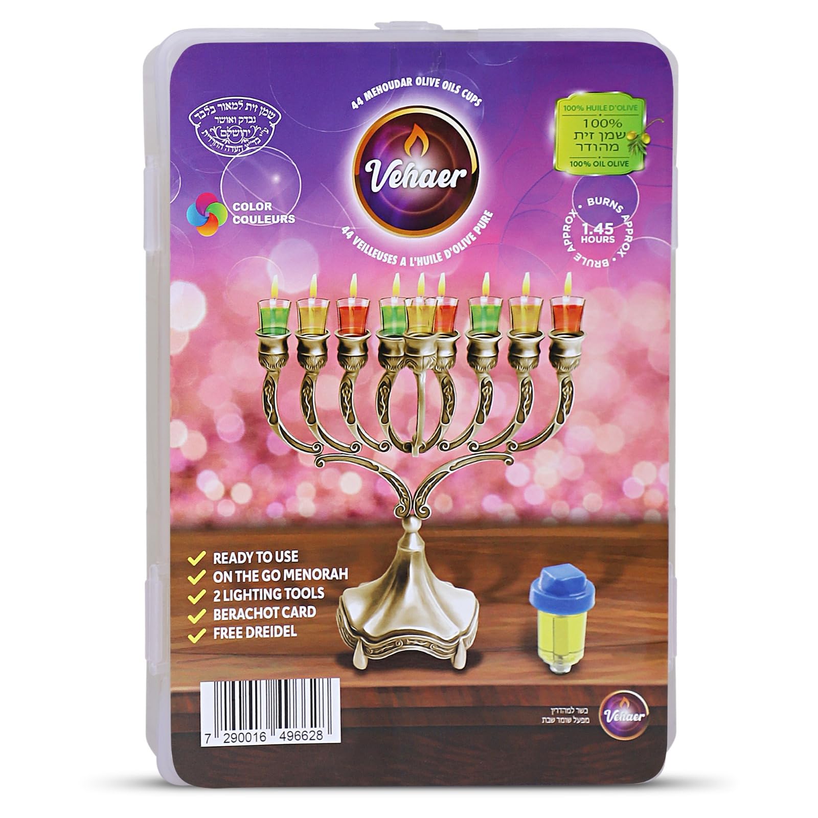 Vehaer 44 Prefilled Color Cups, 1.45 Burn Time, Hanukkah, Chanukah Oil, Ready to Use, Fits Most Menorah, Fits Candle Menorahs (Color Liquid Oil Small)