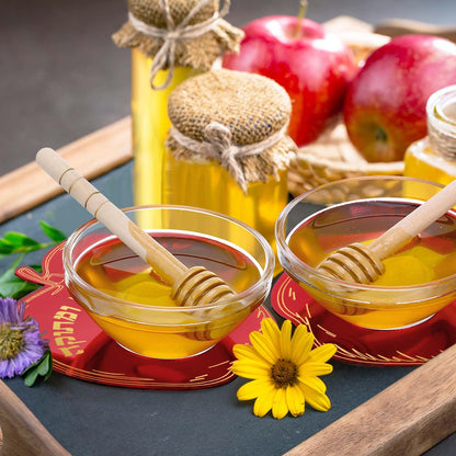 Newtay 6 Sets Rosh Hashanah Apple Shaped Honey Dish with Dipping Spoon Jewish New Year Decoration Honey Dish with Stick, Acrylic Apple Honey Dish for Jewish New Year Holiday Gift Party Favor(Red)