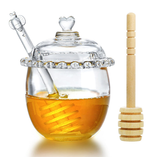 Kanpura Glass Honey Jar with Dipper and Lid, 6oz Crystal Honey Dispenser, Containers for Home Kitchen