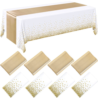 Breling 8 Pack White and Gold Disposable Plastic Tablecloths and Satin Table Runner Set, 54 x 108 Inch Tablecloth, 12 x 108 Inch Table Runners for Wedding First Communion Baby Shower Graduation