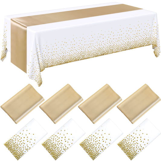 Breling 8 Pack White and Gold Disposable Plastic Tablecloths and Satin Table Runner Set, 54 x 108 Inch Tablecloth, 12 x 108 Inch Table Runners for Wedding First Communion Baby Shower Graduation